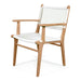 Angled front perspective of Zen Armchair – White – Open Weave showing relaxed proportions and contrast between teak and white weave.