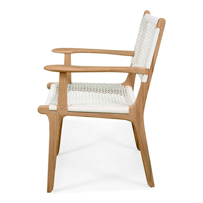 Side profile of Zen Armchair – White – Open Weave revealing the curvature of armrests and linear seat weave.