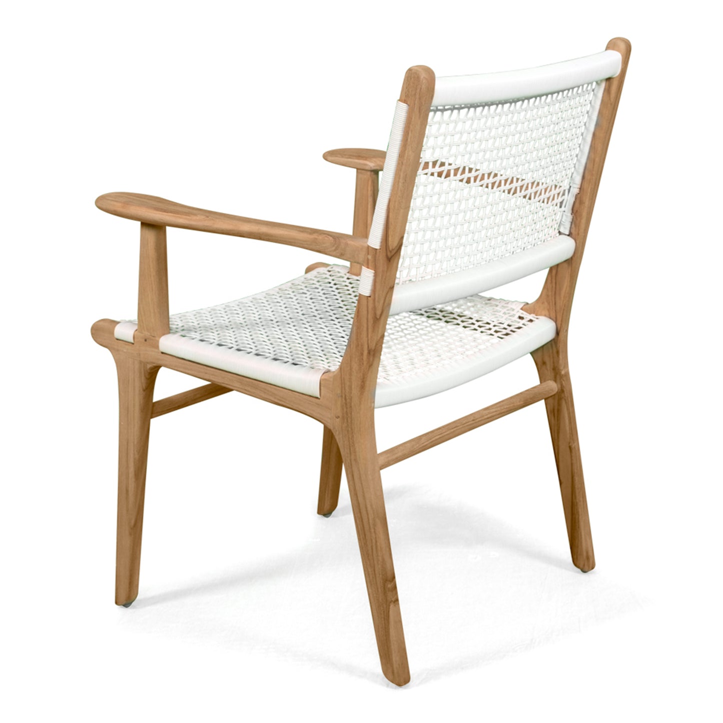 Angled rear view of Zen Armchair – White – Open Weave displaying sculpted arms, teak grain, and airy open weave.