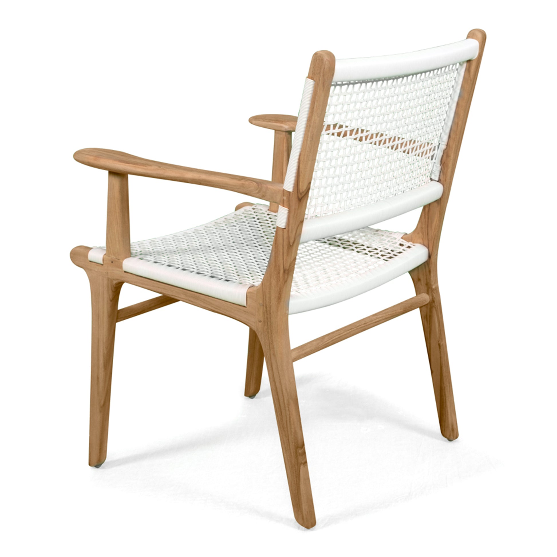 Angled rear view of Zen Armchair – White – Open Weave displaying sculpted arms, teak grain, and airy open weave.