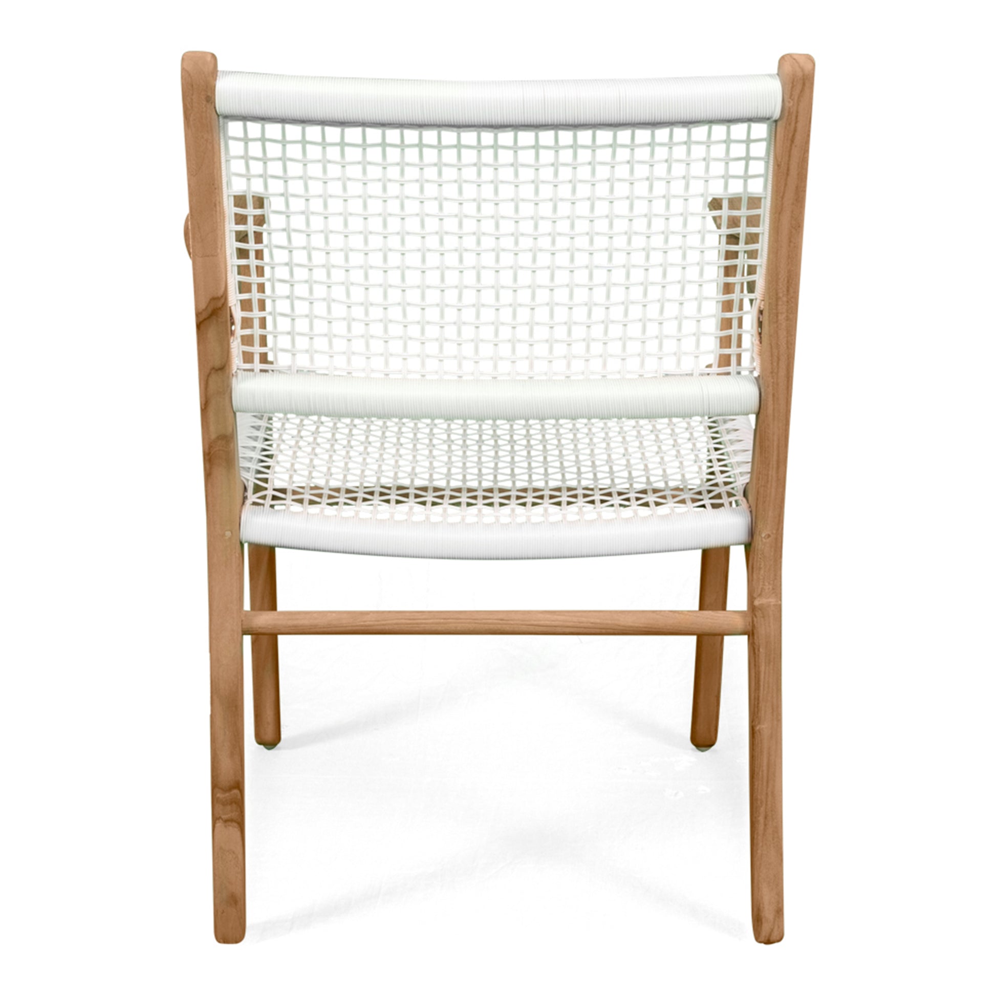 Rear studio view of the Zen Armchair – White – Open Weave showing full open-back weave and natural teak frame.