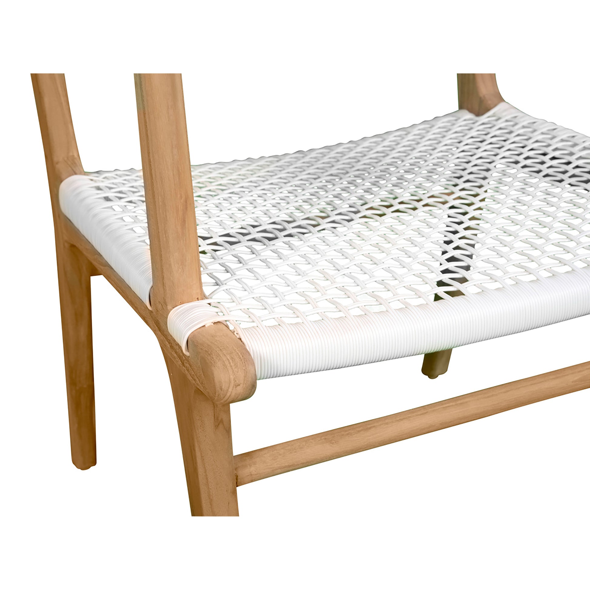 Detailed view of front joinery and handwoven seat on Zen Armchair – White – Open Weave showing wrap-around construction.