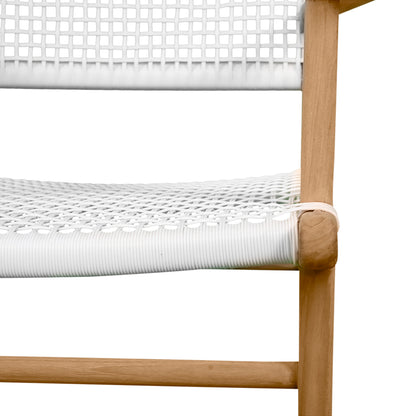 Close-up of seat and frame joinery on Zen Armchair – White – Open Weave highlighting curved teak and white rope detailing.