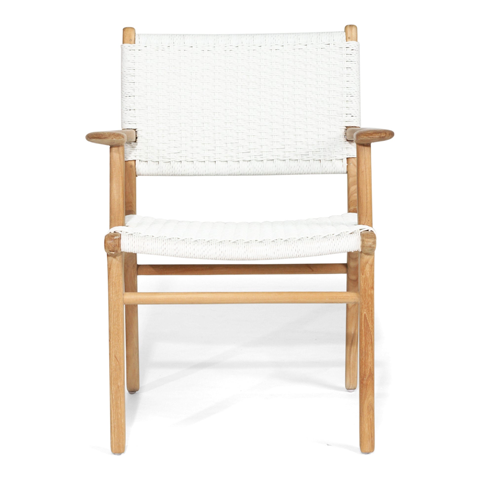 Front-facing image of Zen Armchair – White – Close Weave with tightly woven seat and minimalist frame.