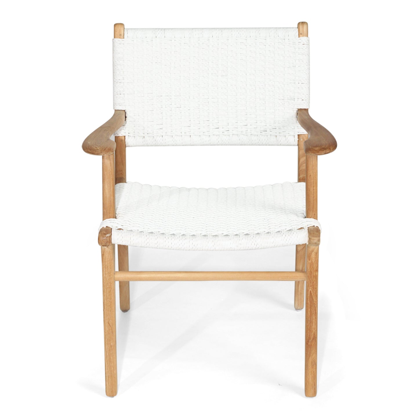 Straight front studio shot of Zen Armchair – White – Close Weave featuring gently curved arms and woven seat.