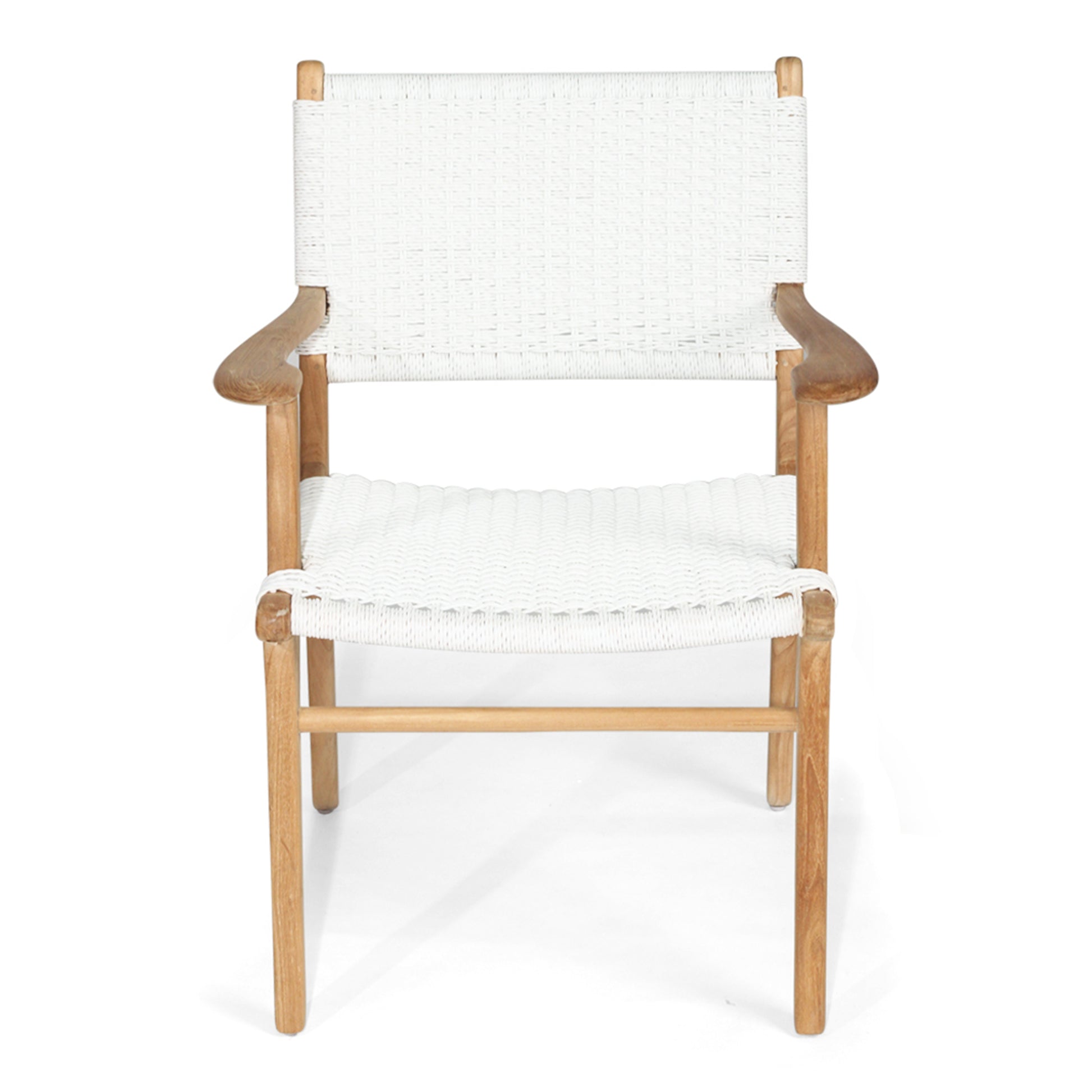 Straight front studio shot of Zen Armchair – White – Close Weave featuring gently curved arms and woven seat.