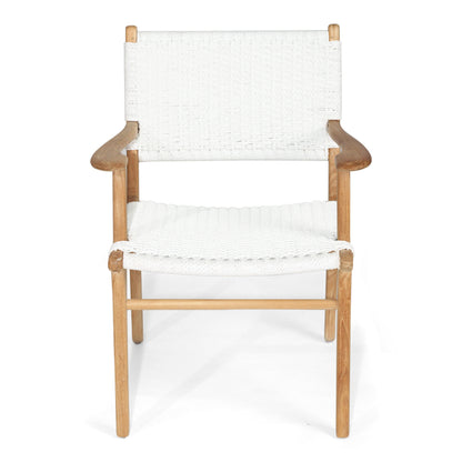 Straight front studio shot of Zen Armchair – White – Close Weave featuring gently curved arms and woven seat.