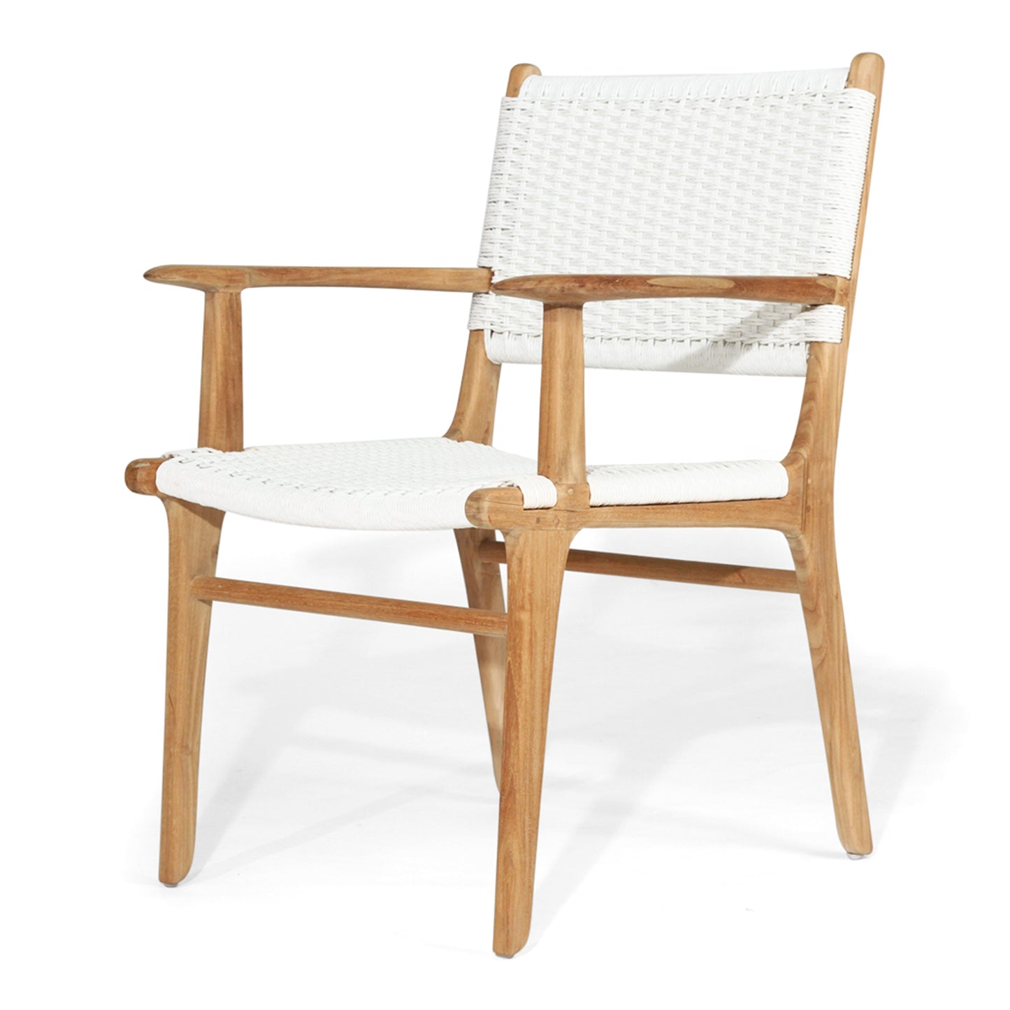 Angled front view of Zen Armchair – White – Close Weave showing tight weave pattern and natural teak arms.