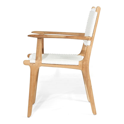 Side profile of Zen Armchair – White – Close Weave featuring sweeping armrest design and teak leg curve.