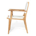 Side profile of Zen Armchair – White – Close Weave featuring sweeping armrest design and teak leg curve.