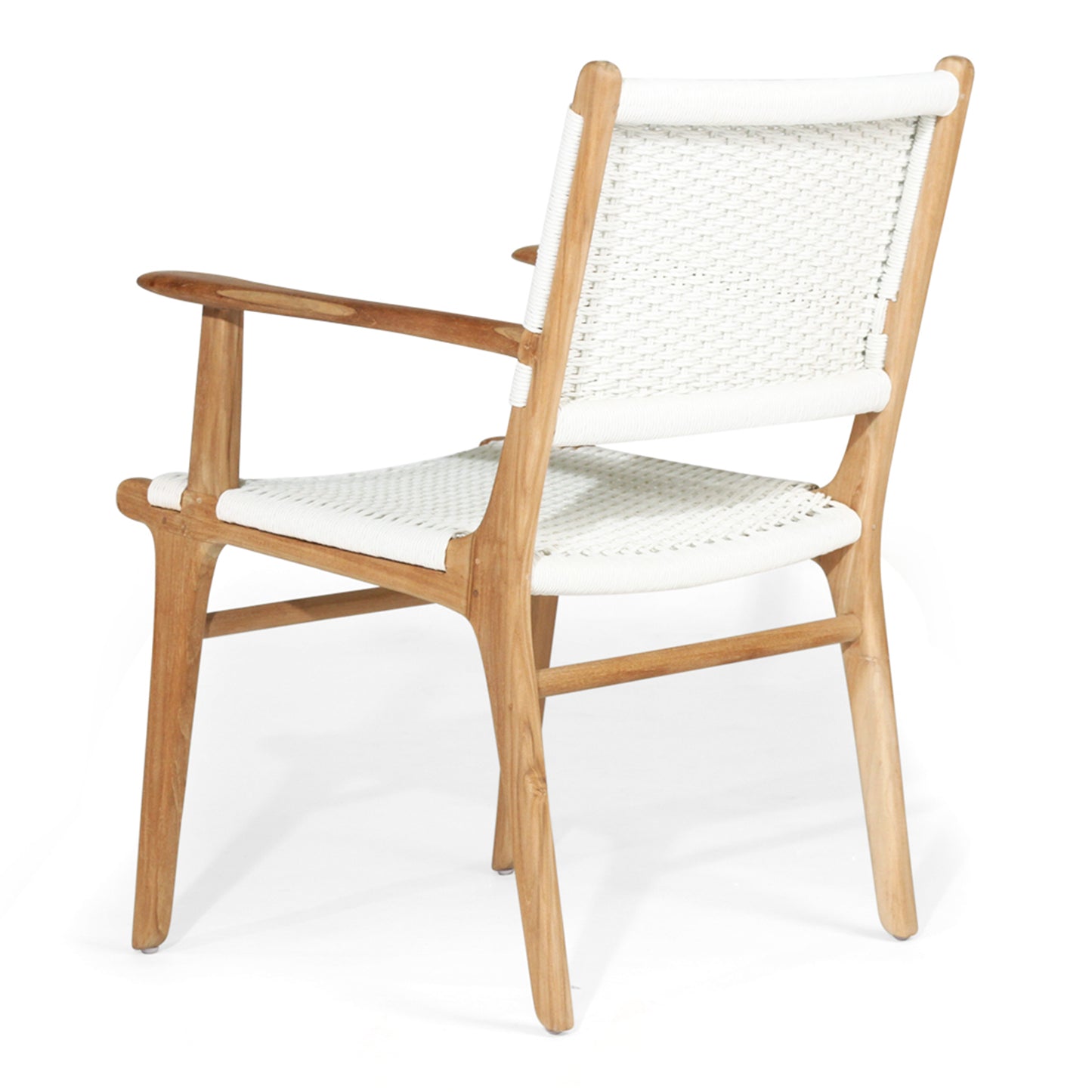 Angled rear-side view of Zen Armchair – White – Close Weave highlighting woven texture and tapered leg profile.