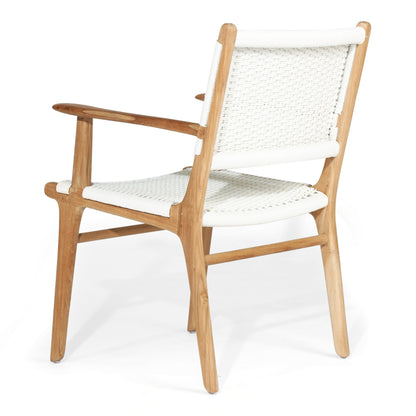 Angled rear-side view of Zen Armchair – White – Close Weave highlighting woven texture and tapered leg profile.