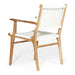 Angled rear-side view of Zen Armchair – White – Close Weave highlighting woven texture and tapered leg profile.