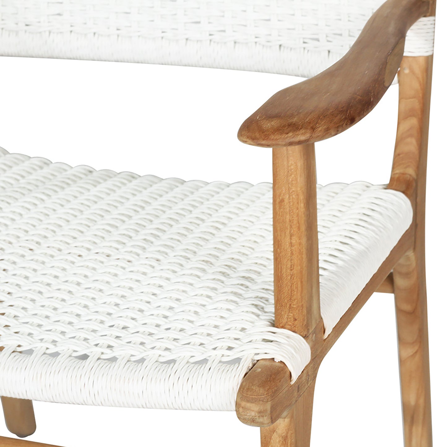 Close-up view of Zen Armchair – White – Close Weave seat and arm joinery showing detailed hand weaving.