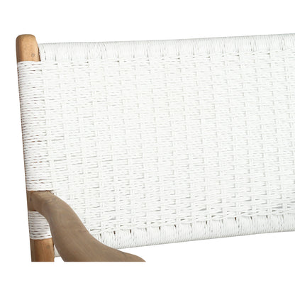 Close-up of the Zen Armchair – White – Close Weave backrest detailing the close weave texture and teak frame.