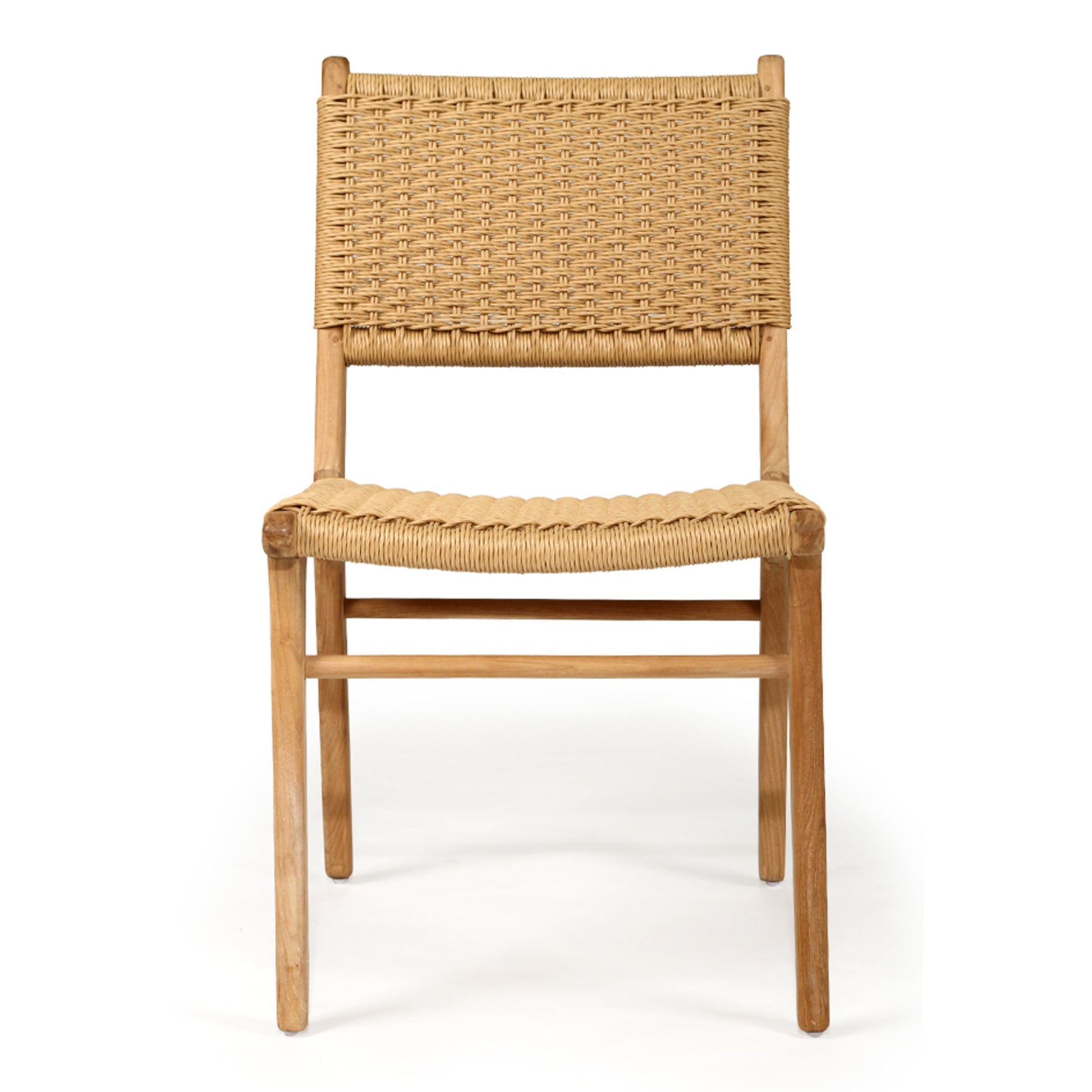 Straight front view of Zen Dining Chair – Sand – Close Weave showing symmetrical design, woven seat/back and teak frame.