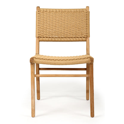 Straight front view of Zen Dining Chair – Sand – Close Weave showing symmetrical design, woven seat/back and teak frame.