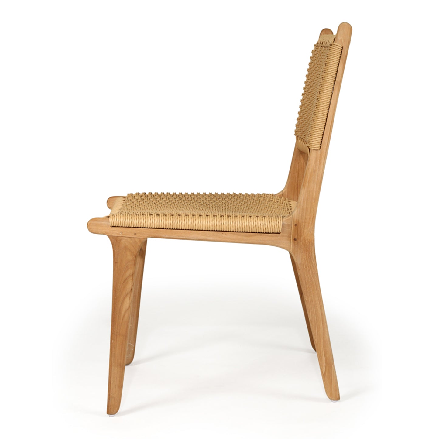 Side profile of Zen Dining Chair – Sand – Close Weave showcasing curved teak legs and woven seat depth.
