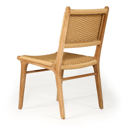 Angled back view of Zen Dining Chair – Sand – Close Weave highlighting the woven texture and natural teak legs.