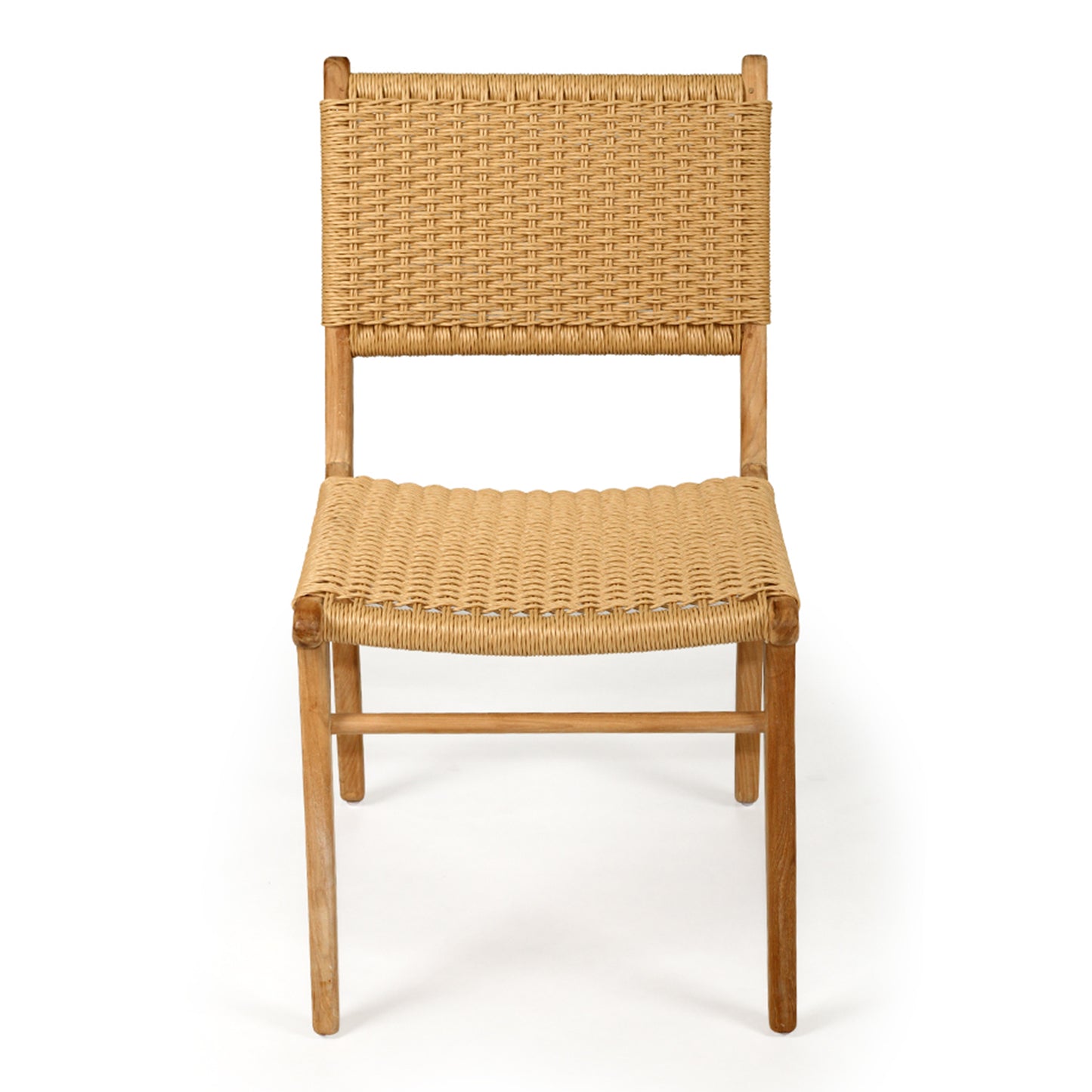 Front‑studio view of Zen Dining Chair – Sand – Close Weave with woven seat and backrest and teak frame on white background.