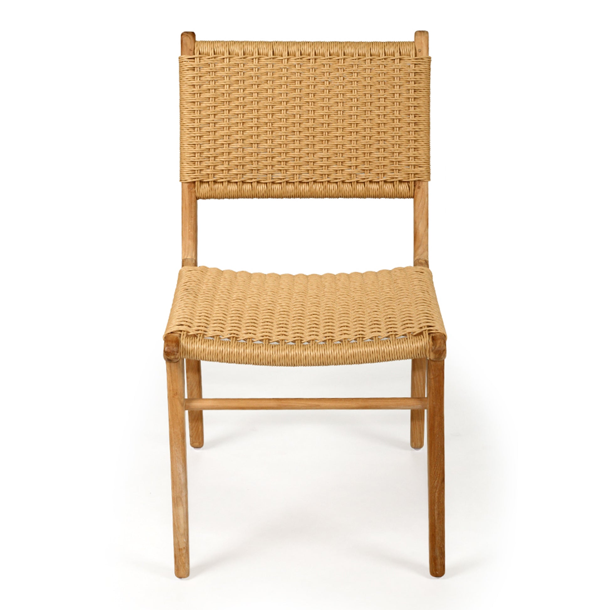 Front‑studio view of Zen Dining Chair – Sand – Close Weave with woven seat and backrest and teak frame on white background.
