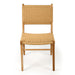Front‑studio view of Zen Dining Chair – Sand – Close Weave with woven seat and backrest and teak frame on white background.
