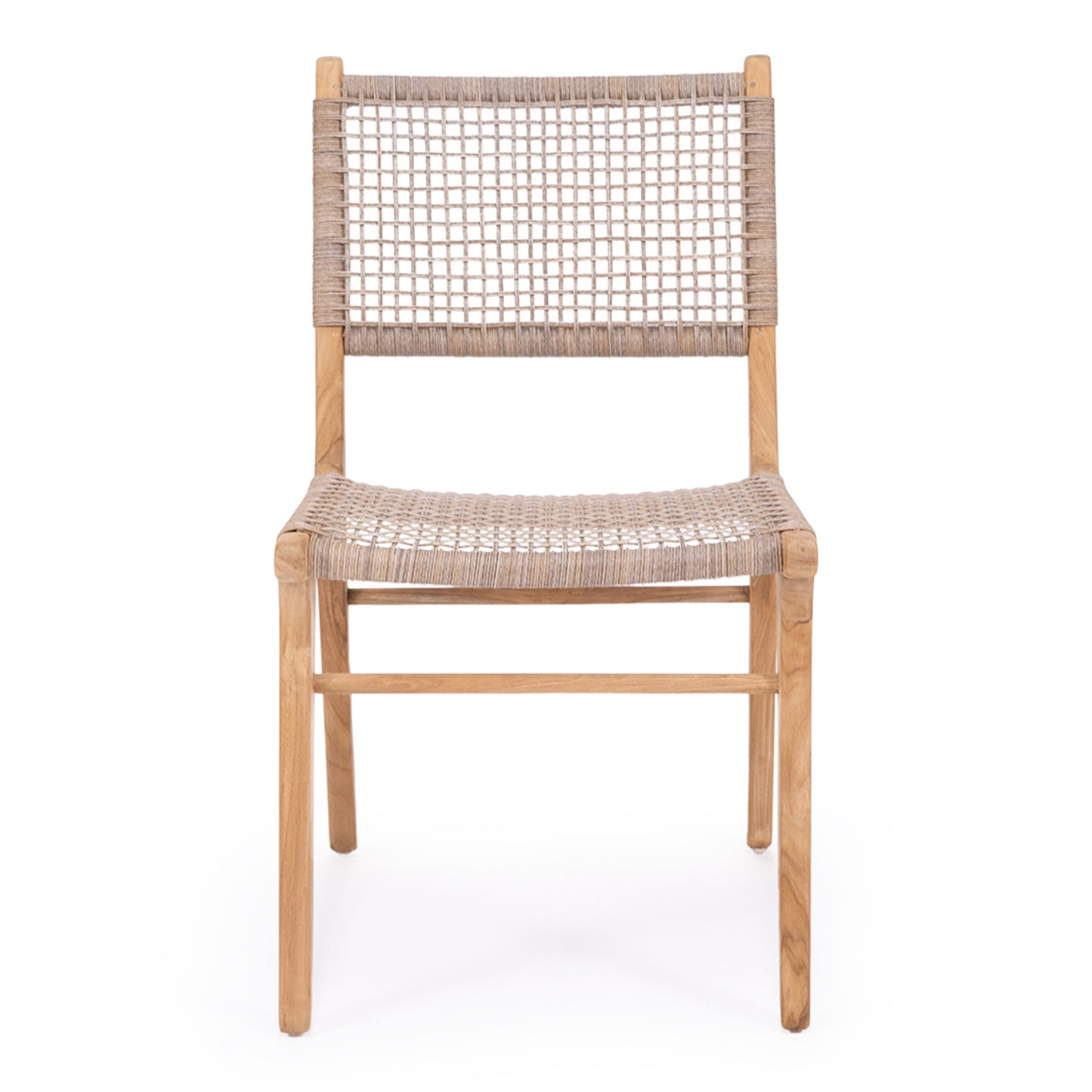 Front-facing product view of the Zen Dining Chair – Washed Grey – Open Weave on a plain white background, highlighting its teak frame and handwoven seat and backrest.
