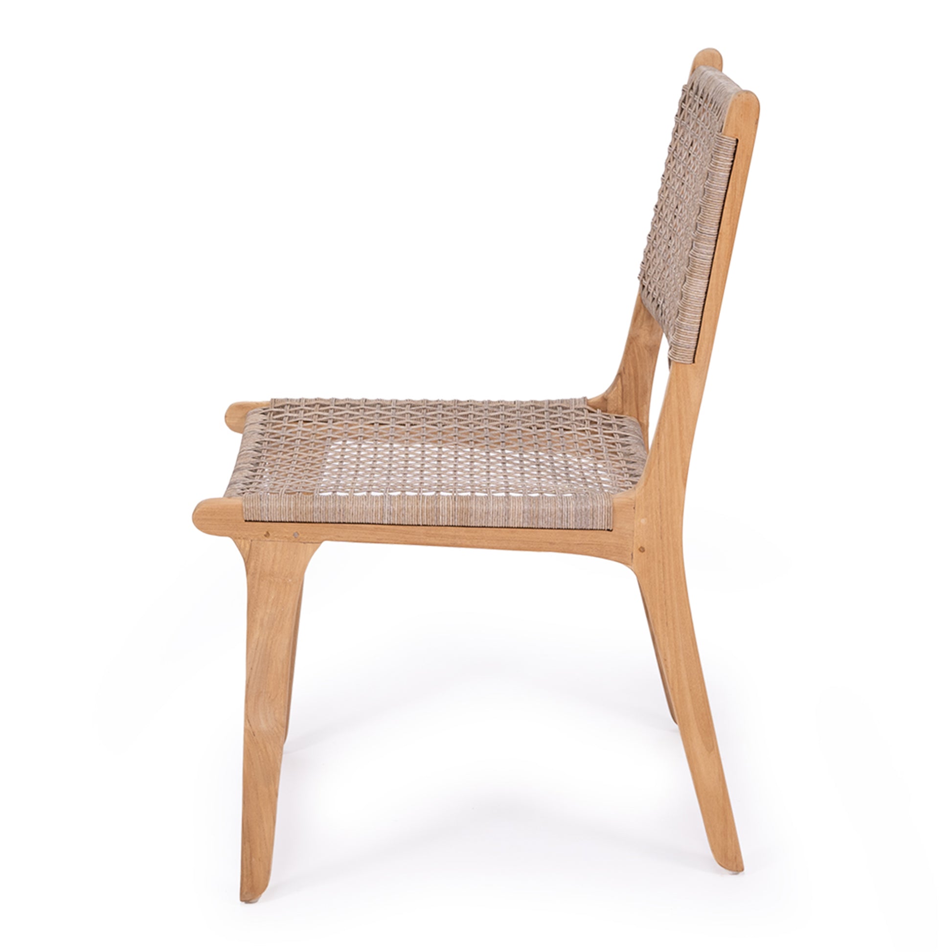 Side profile of the Zen Dining Chair – Washed Grey – Open Weave showing curved teak legs and woven seat.