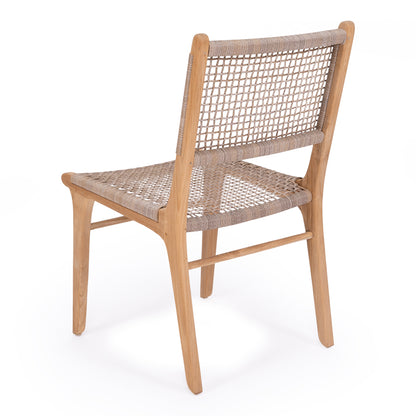 Angled back view of the Zen Dining Chair – Washed Grey – Open Weave highlighting teak frame and woven texture.
