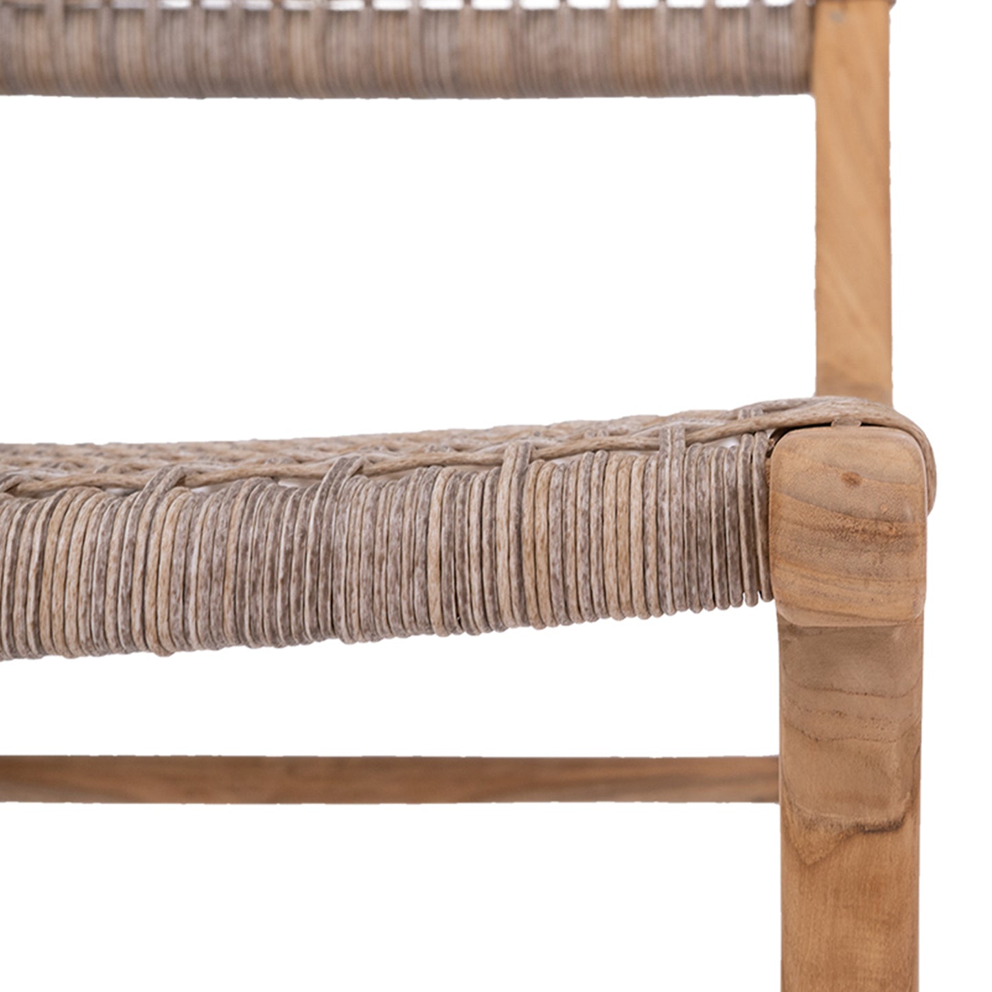 Close-up of corner joinery and weave detail on Zen Dining Chair – Washed Grey – Open Weave.