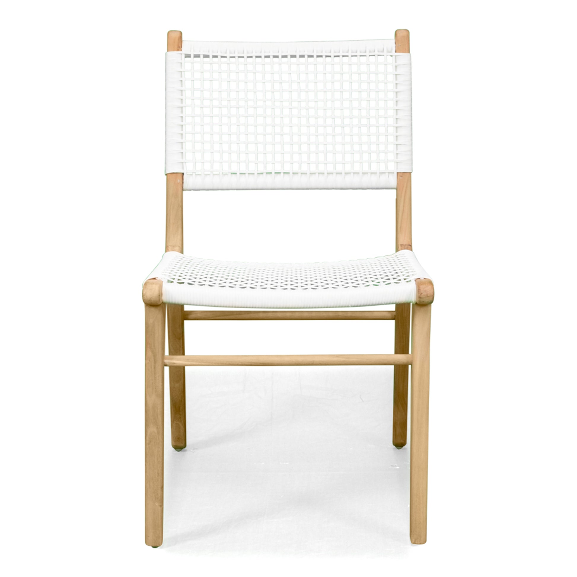 Front-on shot of Zen Dining Chair – White – Open Weave showing full backrest and gently bowed seat.