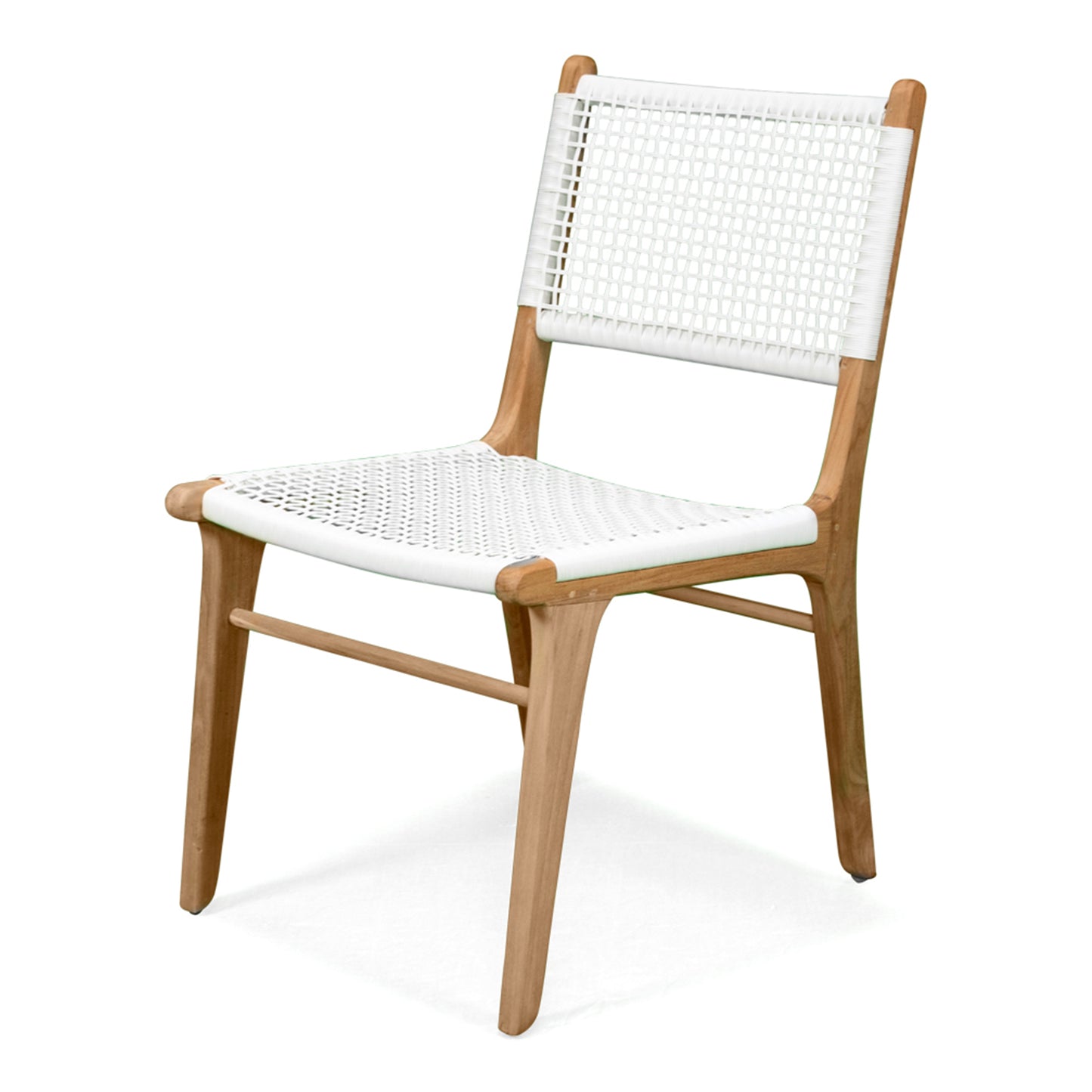 Front angle view of Zen Dining Chair – White – Open Weave emphasising curved seat and supportive back.