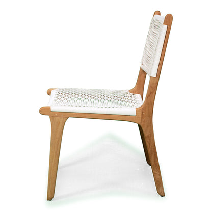 Side profile of Zen Dining Chair – White – Open Weave showing the open weave pattern and natural teak structure.