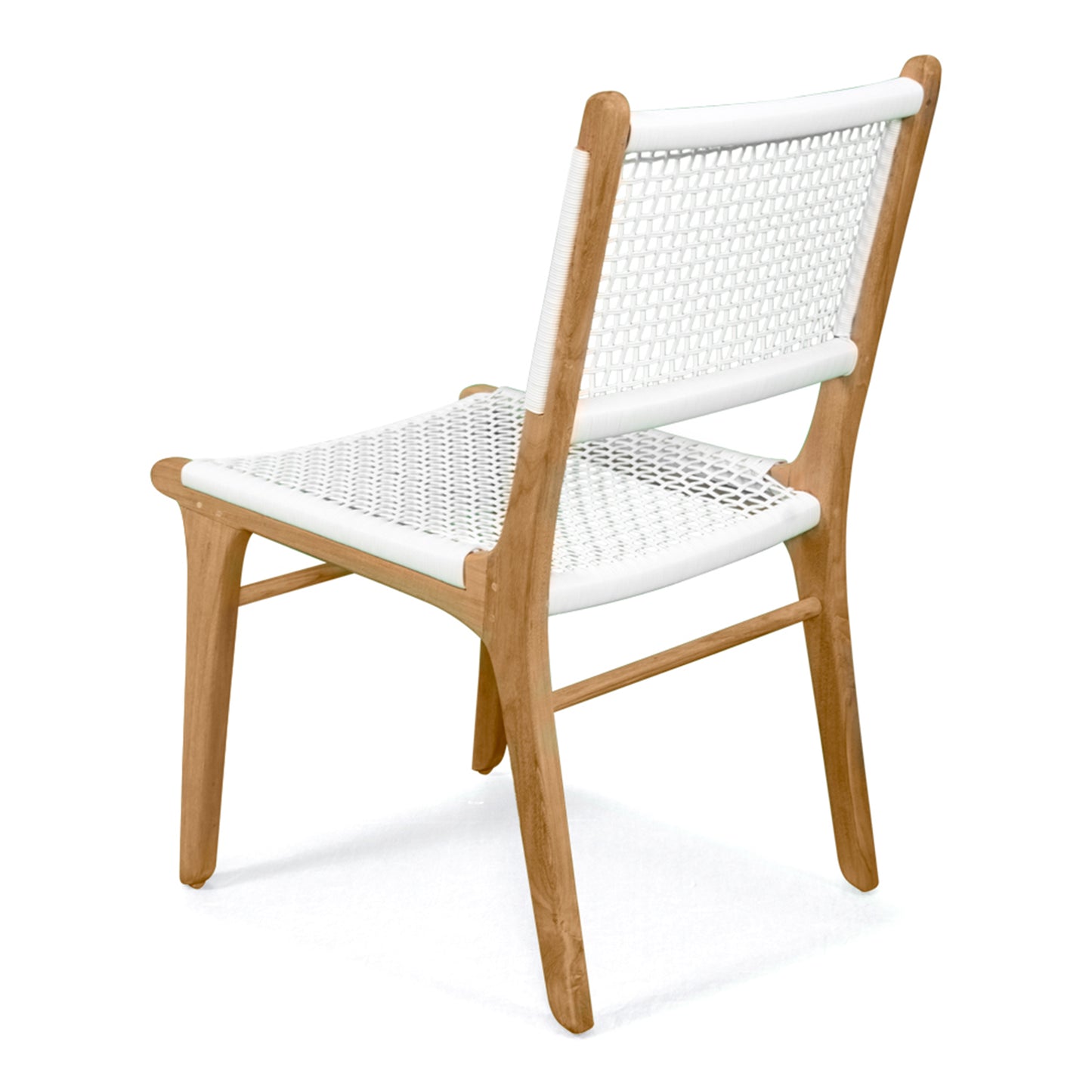Angled rear-side view of Zen Dining Chair – White – Open Weave highlighting contoured seat and frame design.