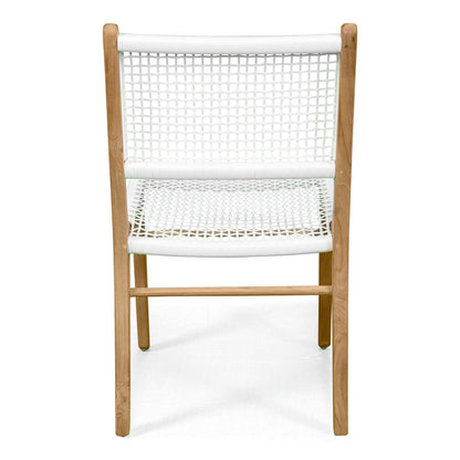 Rear view of Zen Dining Chair – White – Open Weave showcasing open grid backrest and curved teak legs.
