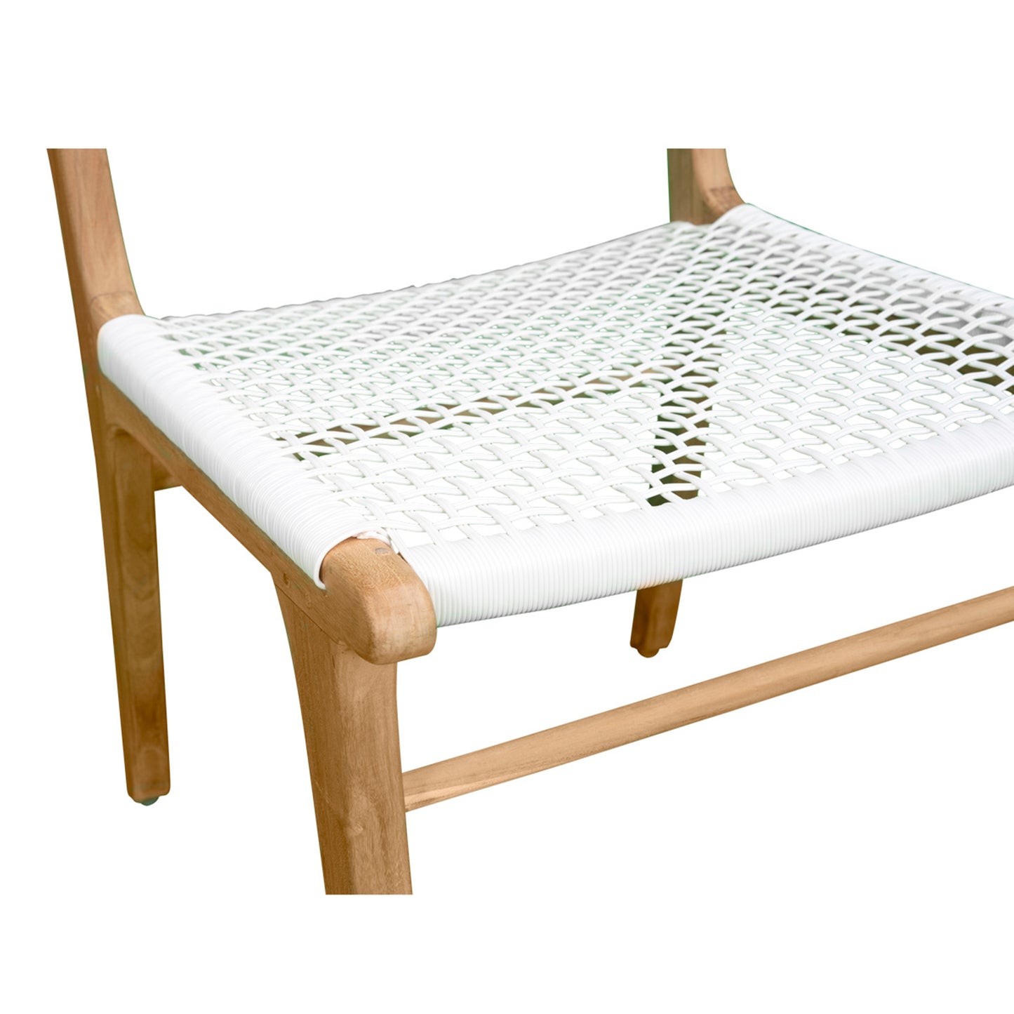 Detail of seat corner on Zen Dining Chair – White – Open Weave highlighting edge wrapping and teak joinery.