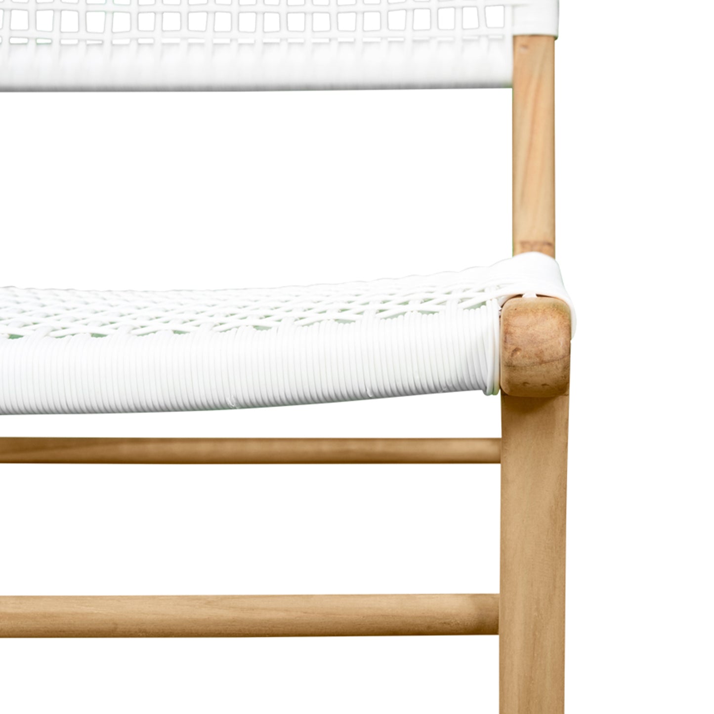 Close-up of seat and backrest junction on Zen Dining Chair – White – Open Weave with detail of wrapped cord finish.
