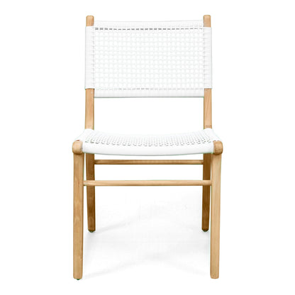 Front-facing image of Zen Dining Chair – White – Open Weave with woven seat and back framed in light teak.
