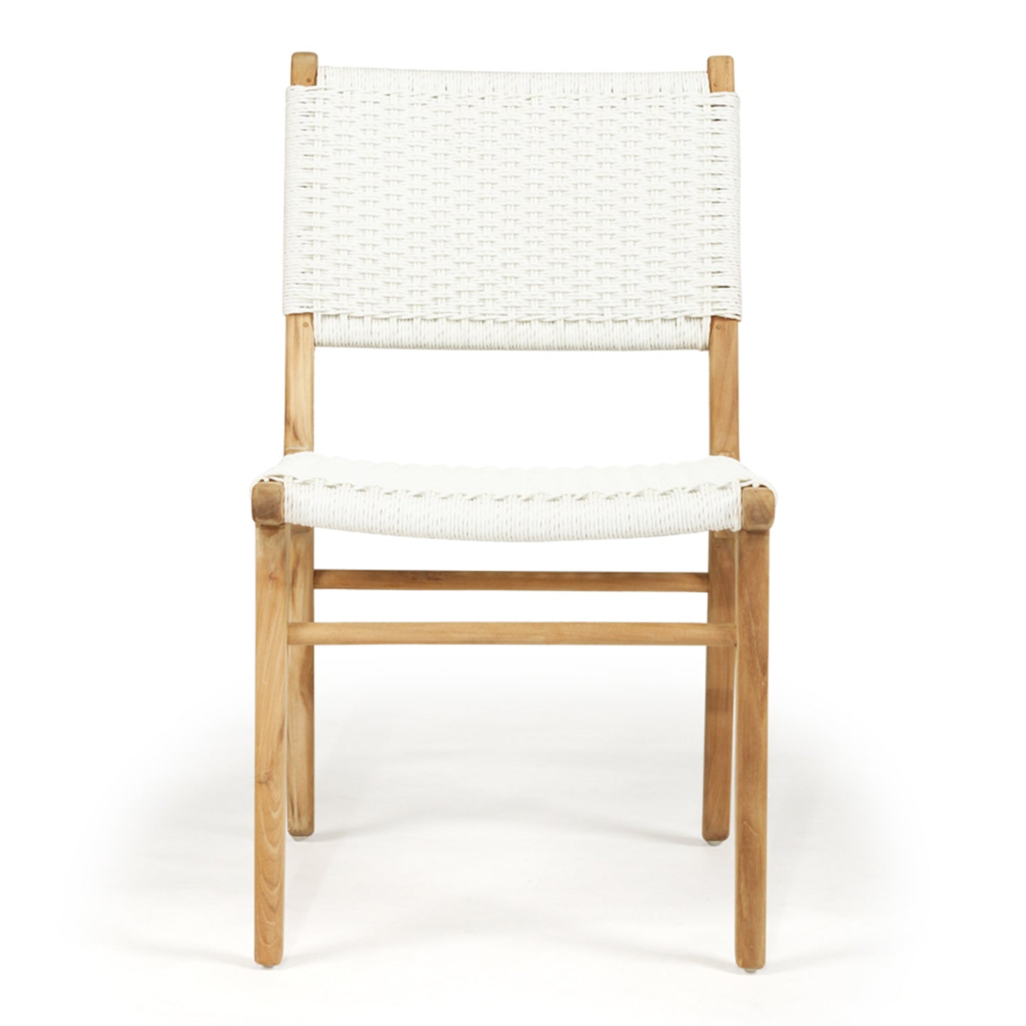 Studio front view of Zen Dining Chair – White – Close Weave with natural teak frame and sculpted seat form.
