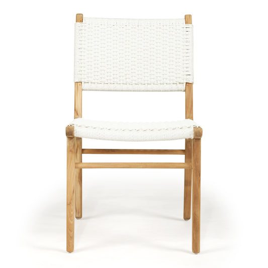 Studio front view of Zen Dining Chair – White – Close Weave with natural teak frame and sculpted seat form.