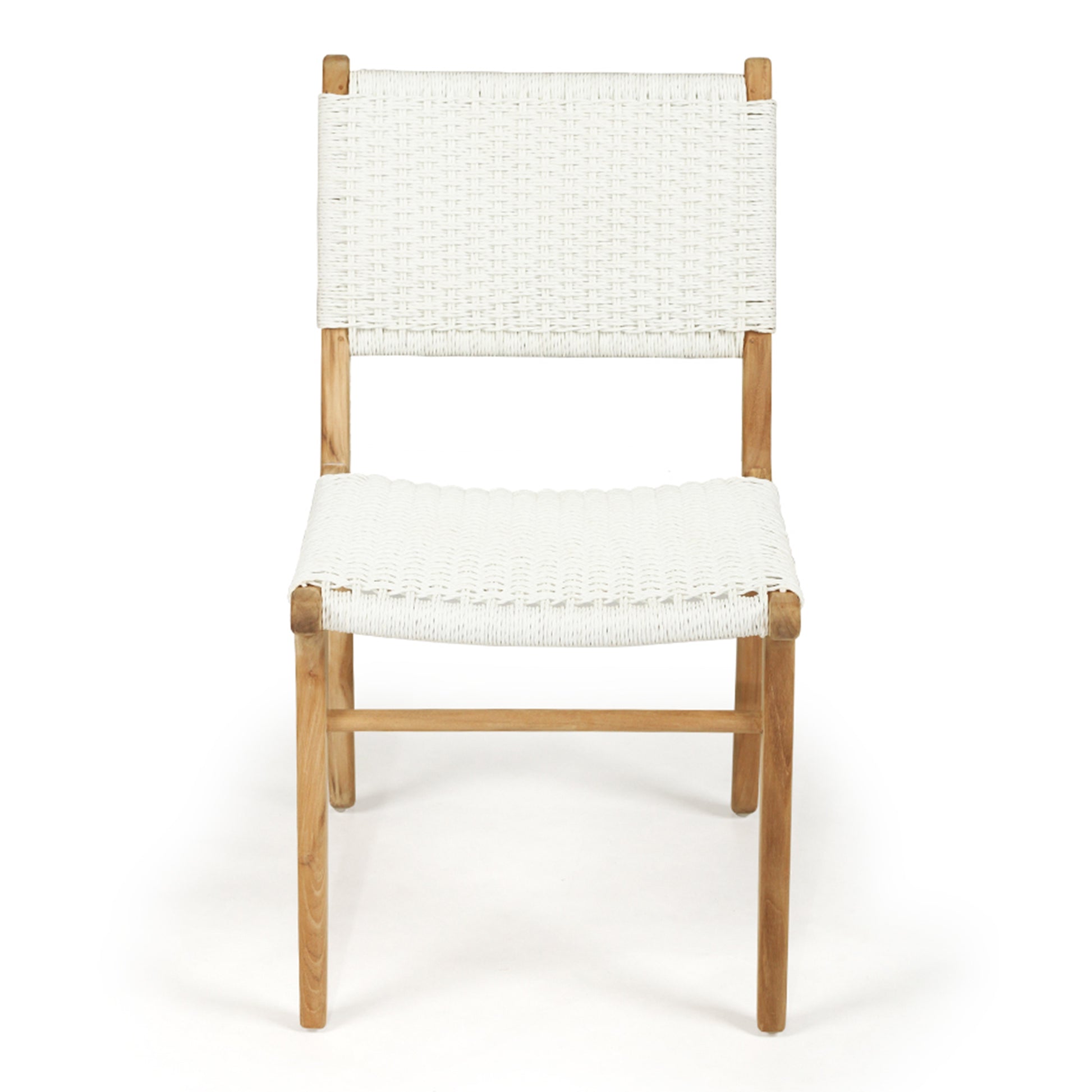 Straight front view of Zen Dining Chair – White – Close Weave showing symmetry of woven seat and back.