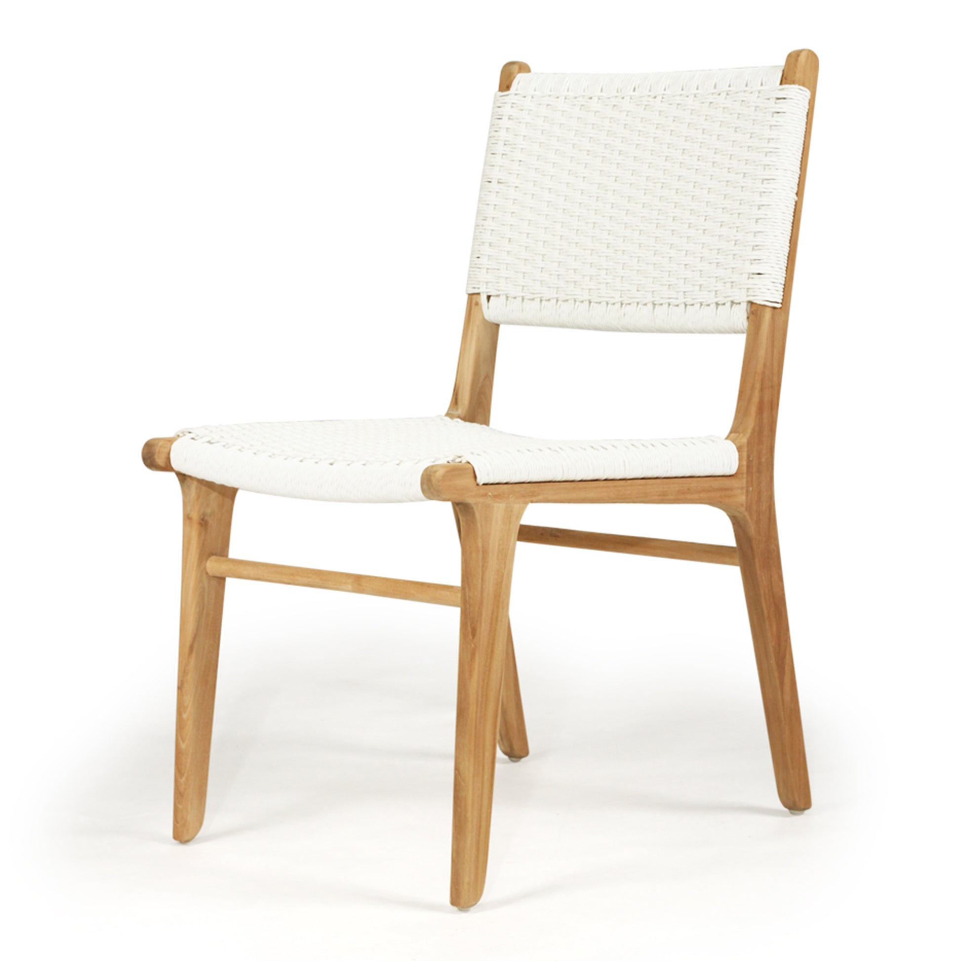 Angled front view of Zen Dining Chair – White – Close Weave on white studio background with gently curved teak legs.