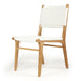 Angled front view of Zen Dining Chair – White – Close Weave on white studio background with gently curved teak legs.