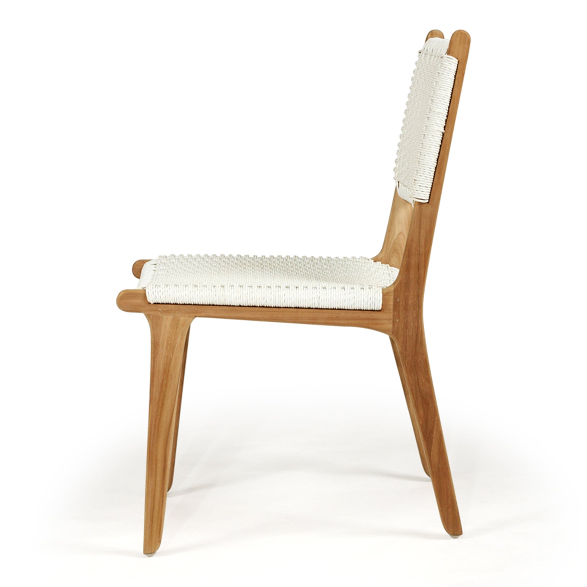 Side profile of Zen Dining Chair – White – Close Weave displaying curved silhouette and joinery details.
