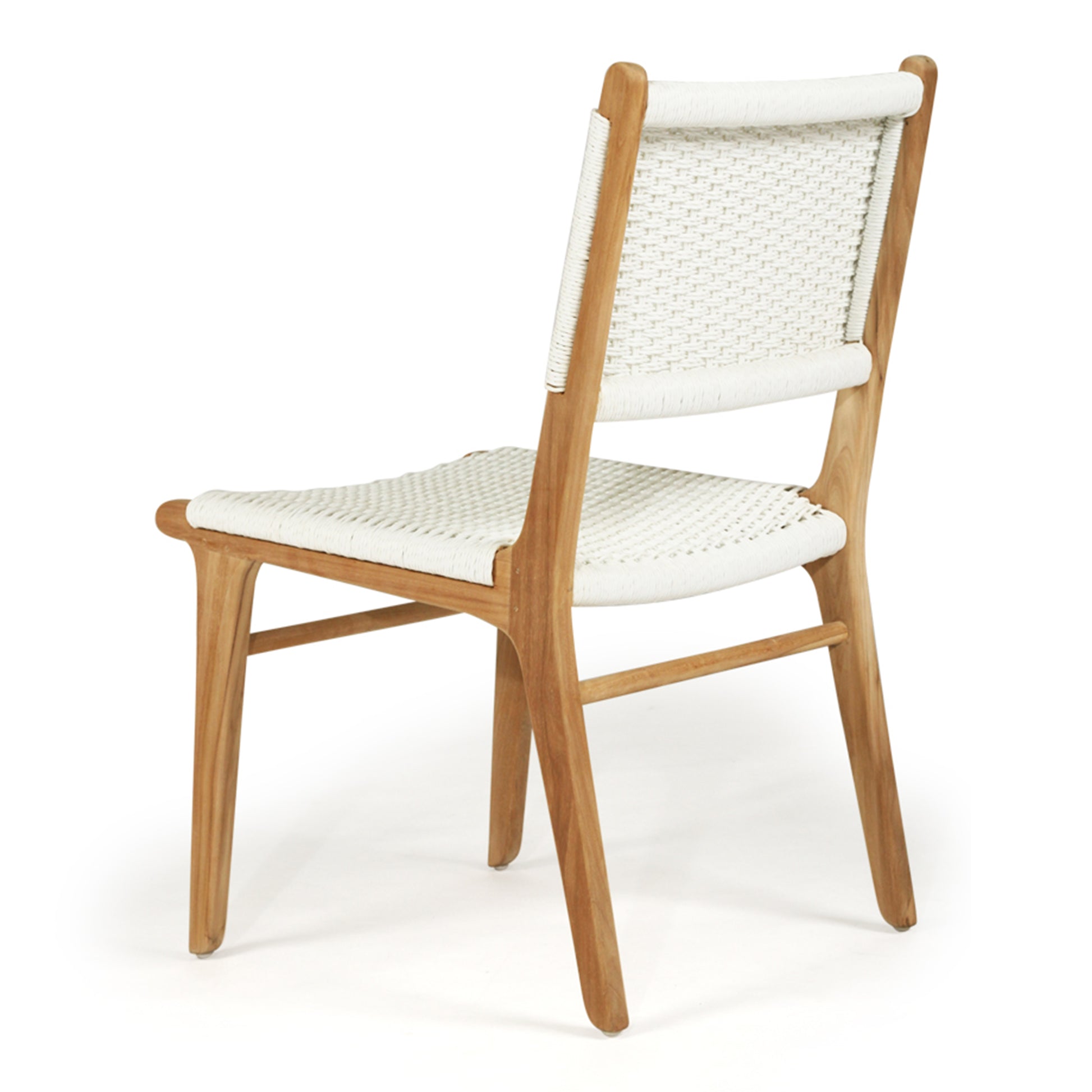 Angled back view of Zen Dining Chair – White – Close Weave with visible teak frame and woven backrest.