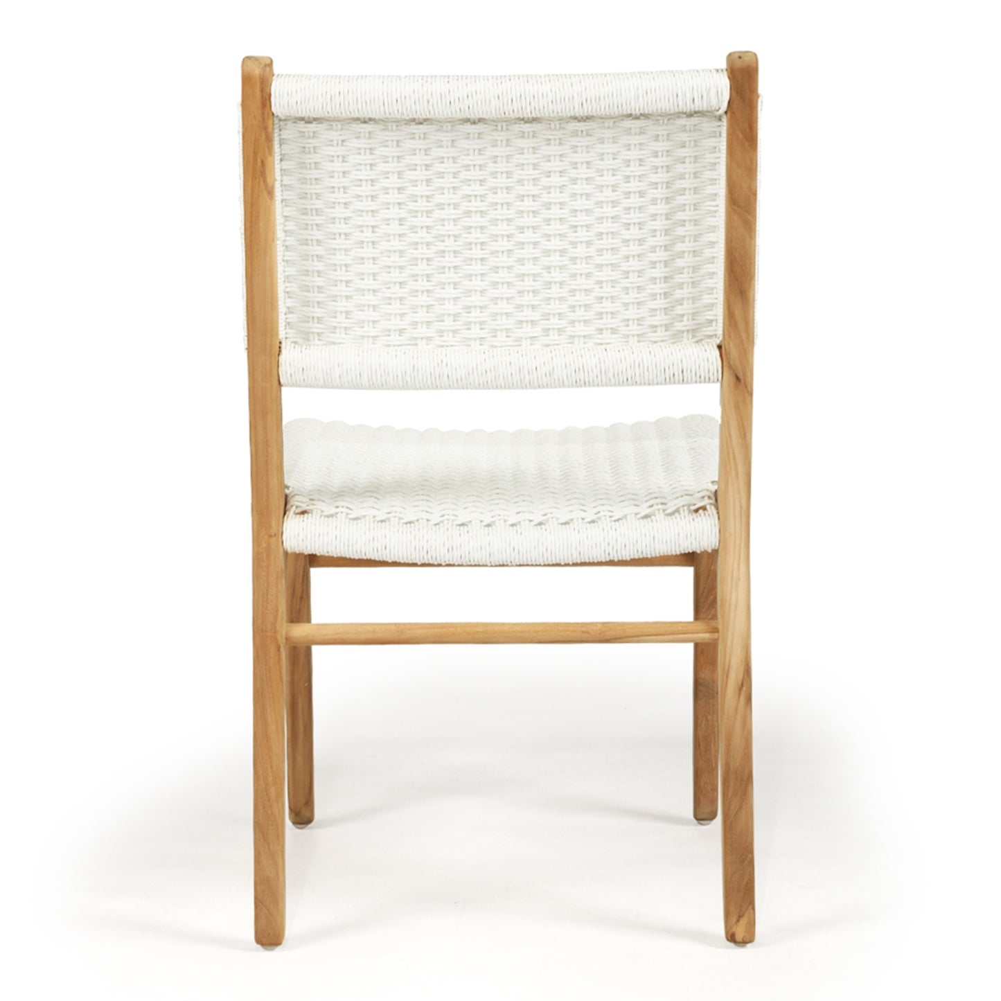 Rear studio view of Zen Dining Chair – White – Close Weave highlighting full backrest and wrapped seat detailing.