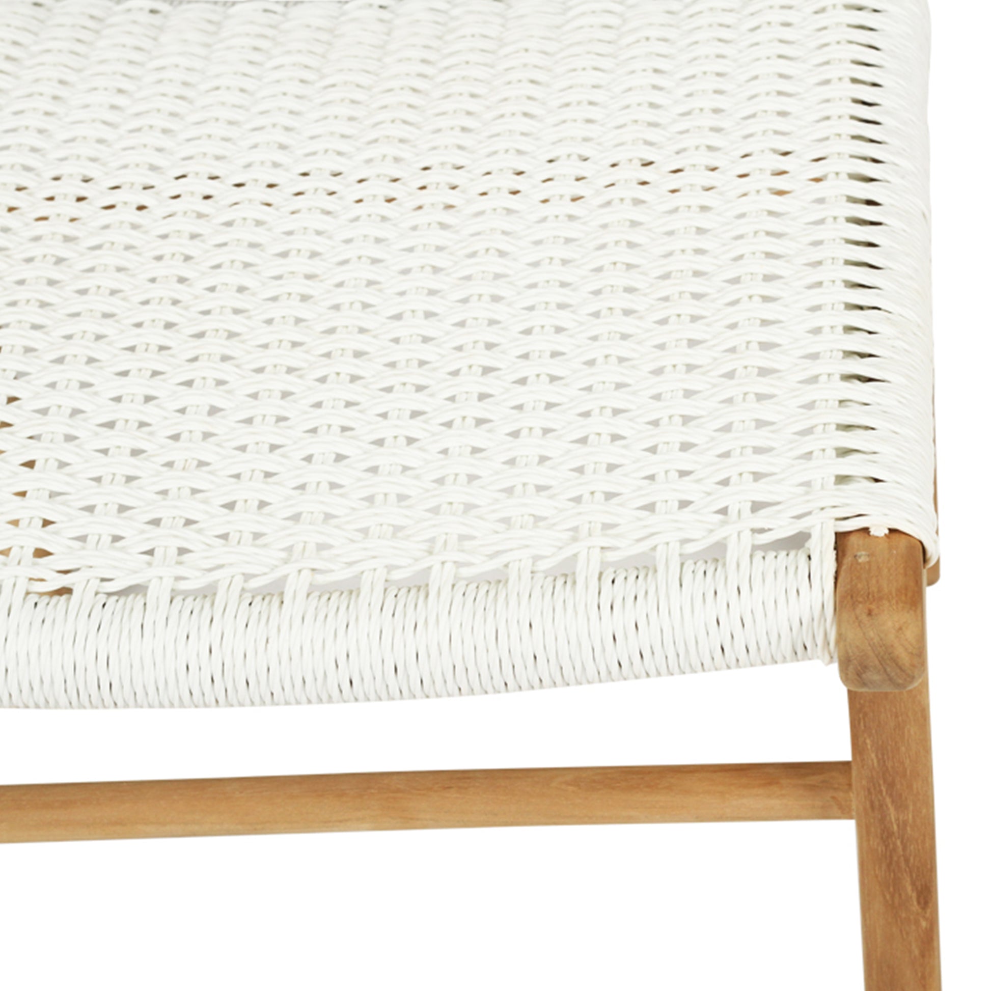 Close-up of seat corner and weave detail on Zen Dining Chair – White – Close Weave showing tight craftsmanship and teak frame.