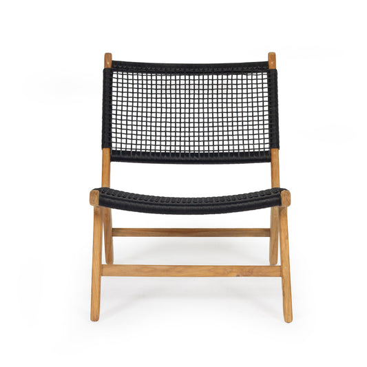 Studio front shot of Zen Lazy Chair – Black – Open Weave with gently reclined frame and breathable black rope.