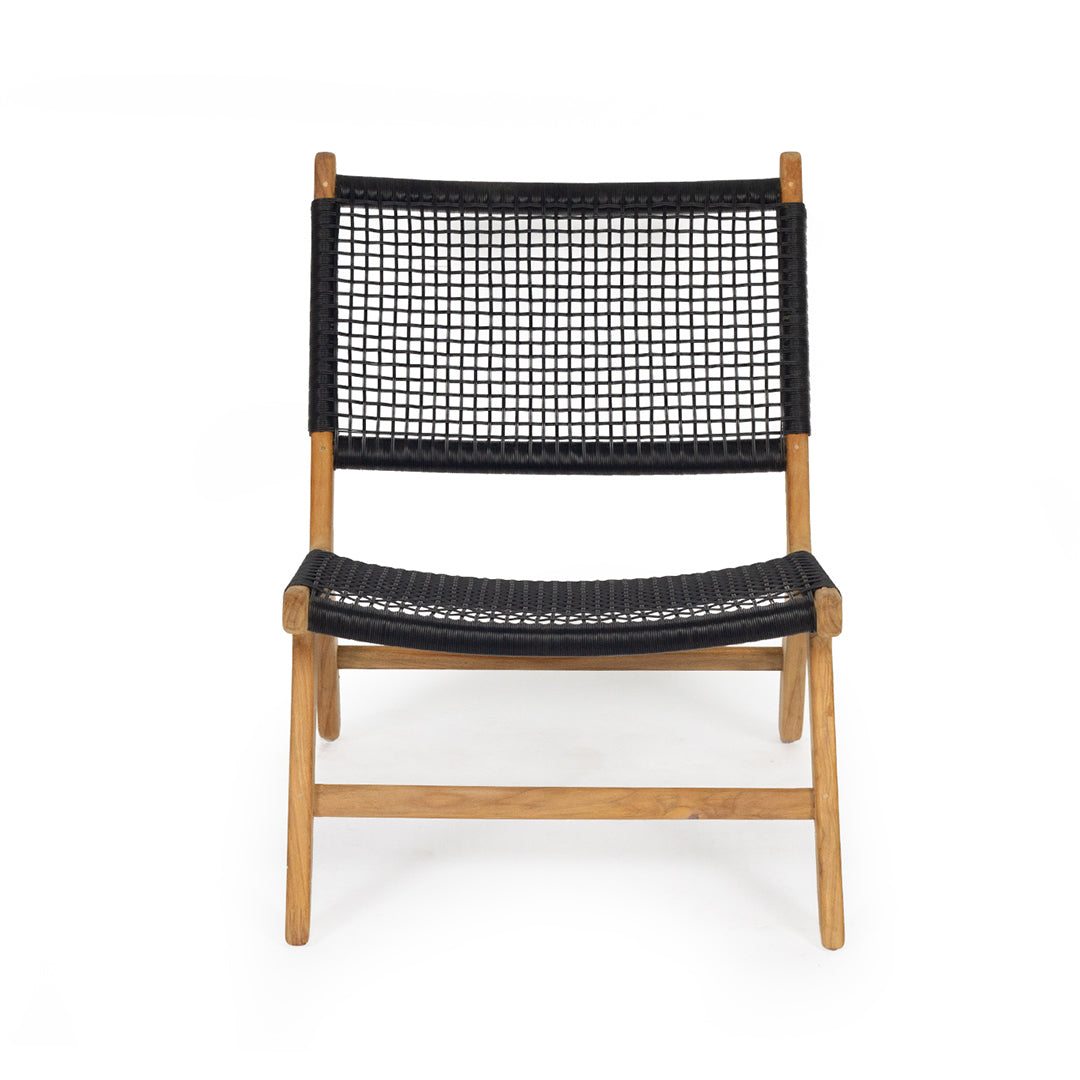 Front-facing image of Zen Lazy Chair in Black showing scooped seat and curved back in open weave rope.