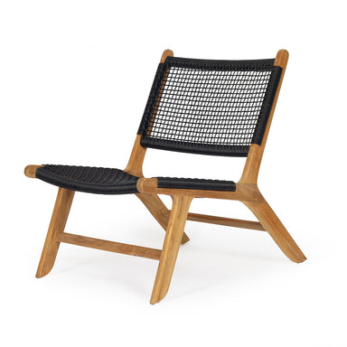 Three-quarter front view of Zen Lazy Chair – Black – Open Weave with ergonomic low seat and woven backrest.